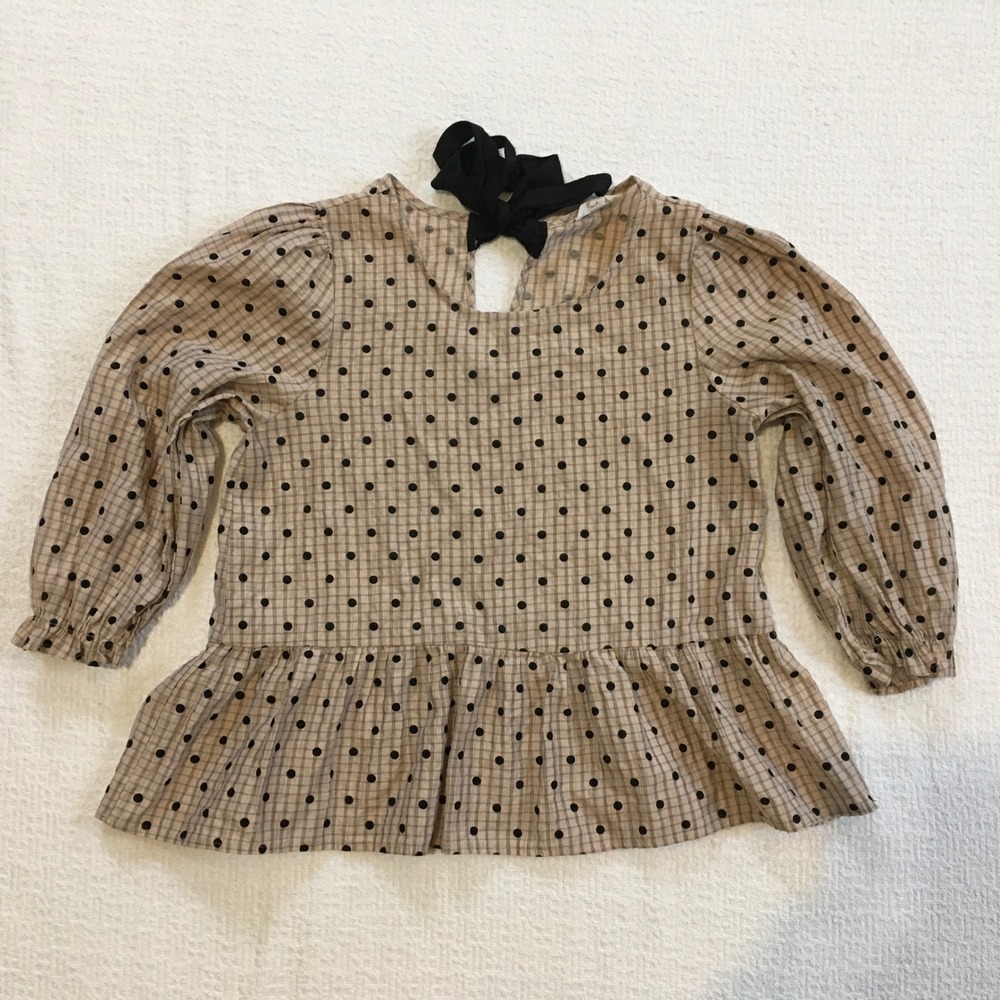 Blu Pepper Plaid Polka Dot Peplum Blouse Women's Size L Black Bow‎ Back
